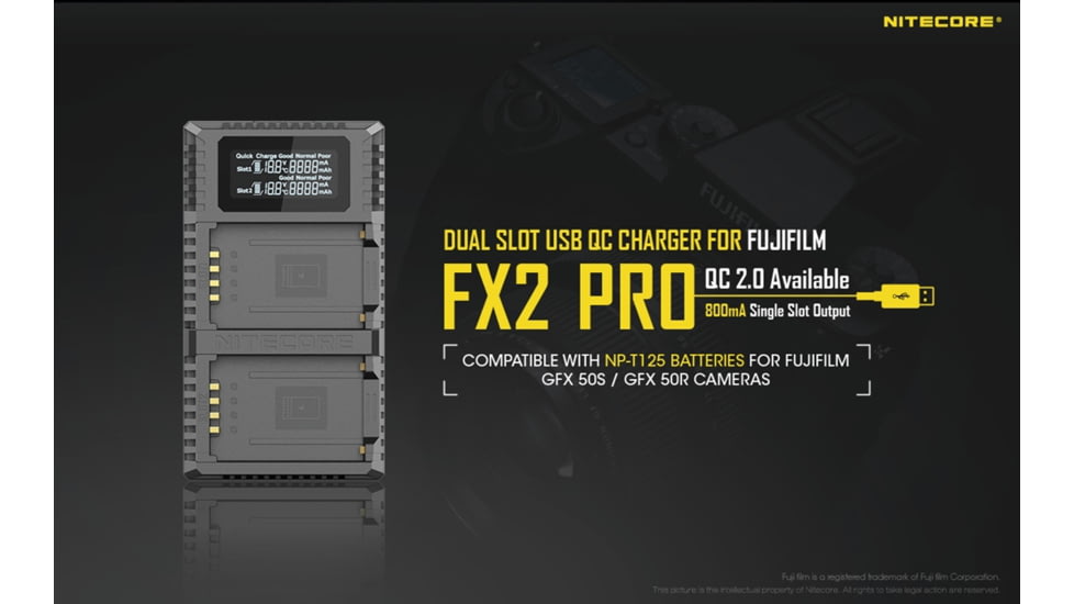 Nitecore FX2 PRO Dual Slot USB Digital Charger for Fujifilm NP-T125 Camera Batteries, Black, 6952506492893