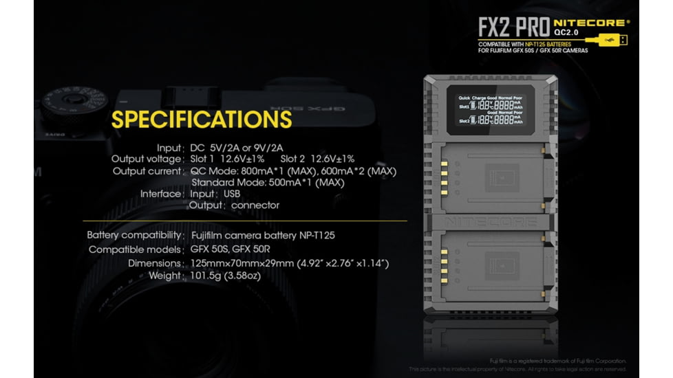 Nitecore FX2 PRO Dual Slot USB Digital Charger for Fujifilm NP-T125 Camera Batteries, Black, 6952506492893