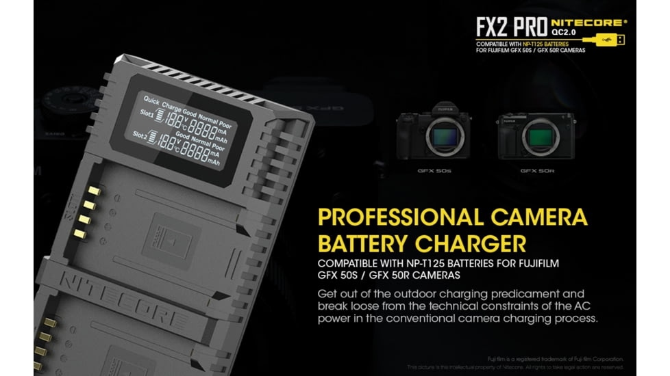 Nitecore FX2 PRO Dual Slot USB Digital Charger for Fujifilm NP-T125 Camera Batteries, Black, 6952506492893