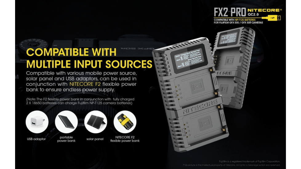 Nitecore FX2 PRO Dual Slot USB Digital Charger for Fujifilm NP-T125 Camera Batteries, Black, 6952506492893
