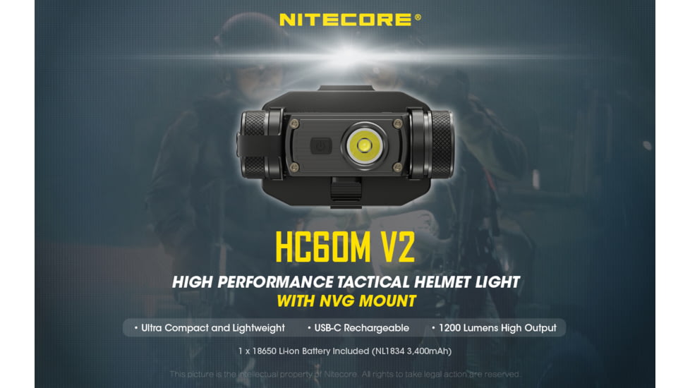 Nitecore HC60M v2 1200 Lumen NVG Mountable Rechargeable Headlamp, Black, 6952506406975