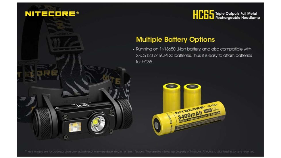 Nitecore HC65 1 x 18650/ 2 x CR123A/ 16340 CREE XM-L2 U2 LED Rechargeable Headlamp, 1000 Lumens, Black, HC65