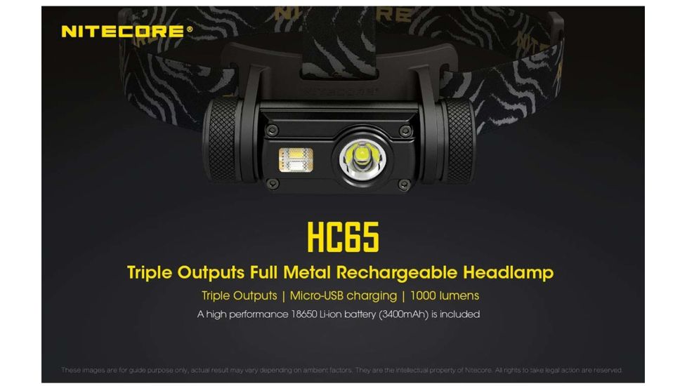 Nitecore HC65 1 x 18650/ 2 x CR123A/ 16340 CREE XM-L2 U2 LED Rechargeable Headlamp, 1000 Lumens, Black, HC65