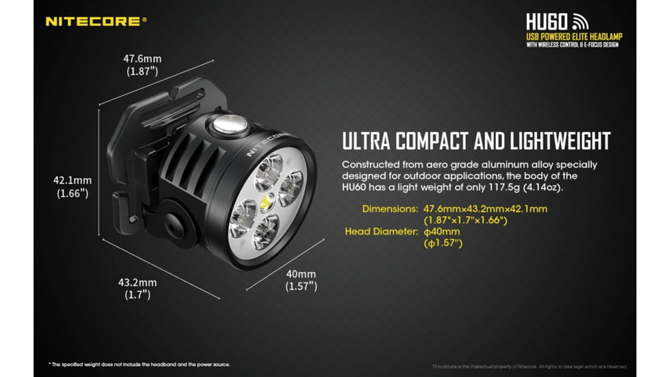 Nitecore HU60 1600 Lumen Focusable Rechargeable Headlamp, Black, 6952506406104