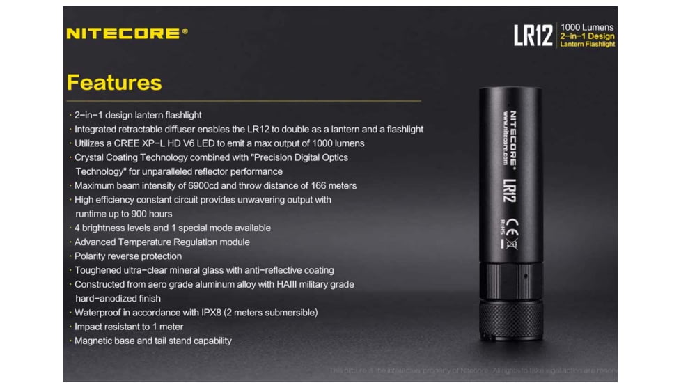 Nitecore LR12 1 x 18650/ 2 x CR123A/ RCR123A CREE XP-L HD V6 LED Lantern Flashlight, 1000 Lumens, Black, LR12