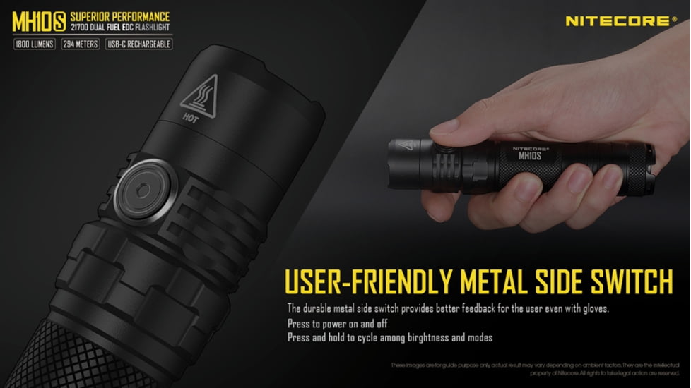 Nitecore MH10S 1800 Lumen USB-C Rechargeable Flashlight, Black, 6952506406470