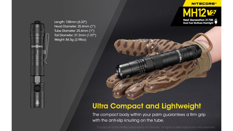 Nitecore MH12 v2 1200 Lumen USB-C Rechargeable Flashlight with 5000mAh Battery, Black, 6952506405985