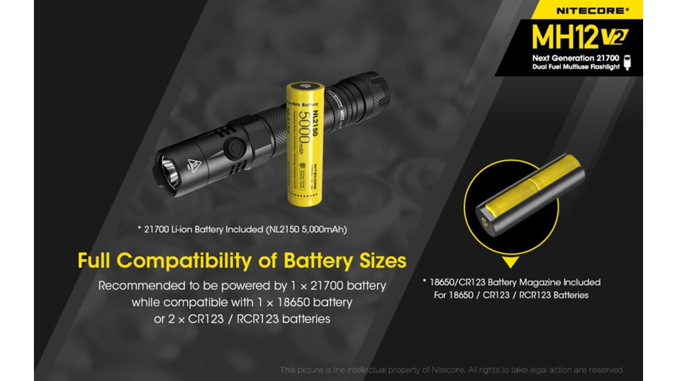 Nitecore MH12 v2 1200 Lumen USB-C Rechargeable Flashlight with 5000mAh Battery, Black, 6952506405985