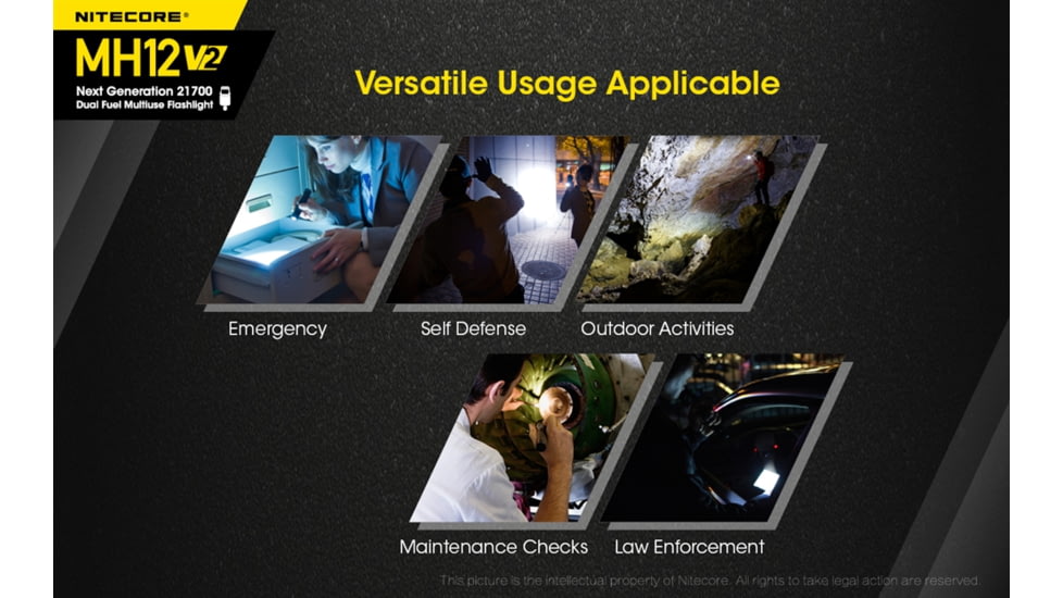 Nitecore MH12 v2 1200 Lumen USB-C Rechargeable Flashlight with 5000mAh Battery, Black, 6952506405985