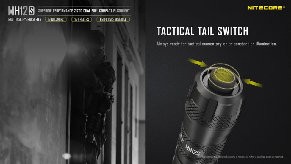 Nitecore MH12S 1800 Lumen USB-C Rechargeable Flashlight, Black, 6952506406432