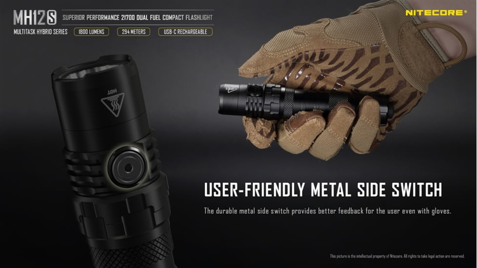 Nitecore MH12S 1800 Lumen USB-C Rechargeable Flashlight, Black, 6952506406432