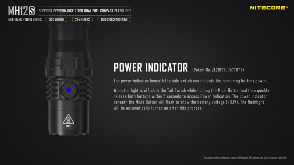 Nitecore MH12S 1800 Lumen USB-C Rechargeable Flashlight, Black, 6952506406432