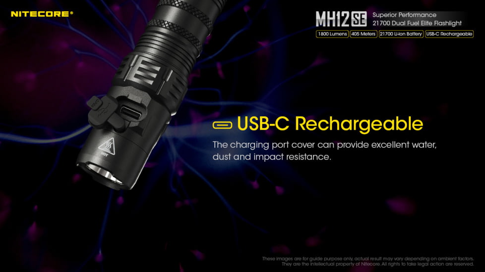 Nitecore MH12SE Rechargeable Flashlight, White LED, 1800 Lumen, USB-C, Black, FL-NITE-MH12SE