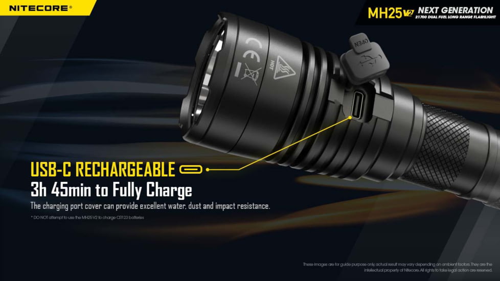Nitecore MH25 v2 USB-C Rechargeable Flashlight, 1300 Lumen, Black, 6952506407026