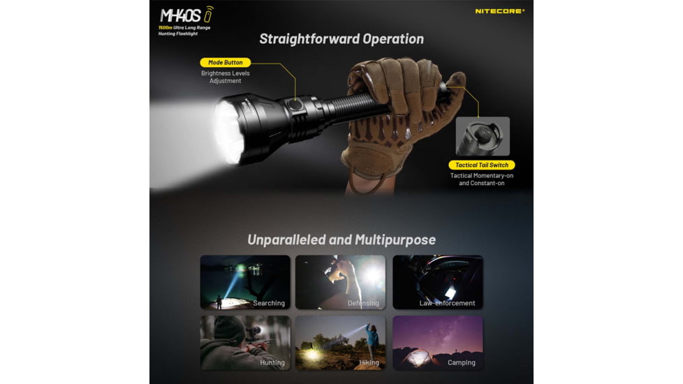 Nitecore MH40S Luminengin G9 LED Long Throw Rechargeable Flashlight, 21700, White, 1500 Lumens, Black, 6952506407347