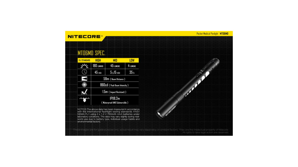 Nitecore MT06MD 180 Lumen Nichia 219B 2xAAA LED Penlight, Pupil Gauge, Black, 6952506404582