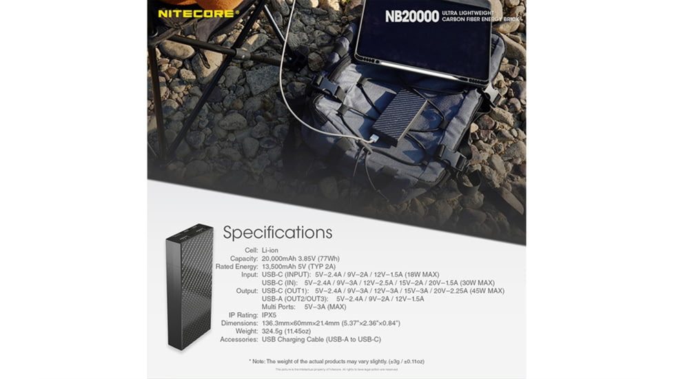 Nitecore NB20000 QC USB &amp; USB-C 4 Port 20000mAh Power Bank, Black, 6952506494446