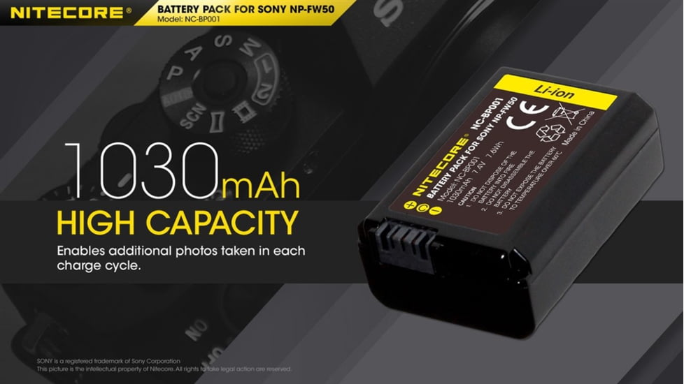 Nitecore NC-BP001 Camera Battery Compatible with Sony NP-FW50, Black, 6952506494583