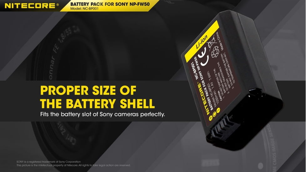 Nitecore NC-BP001 Camera Battery Compatible with Sony NP-FW50, Black, 6952506494583