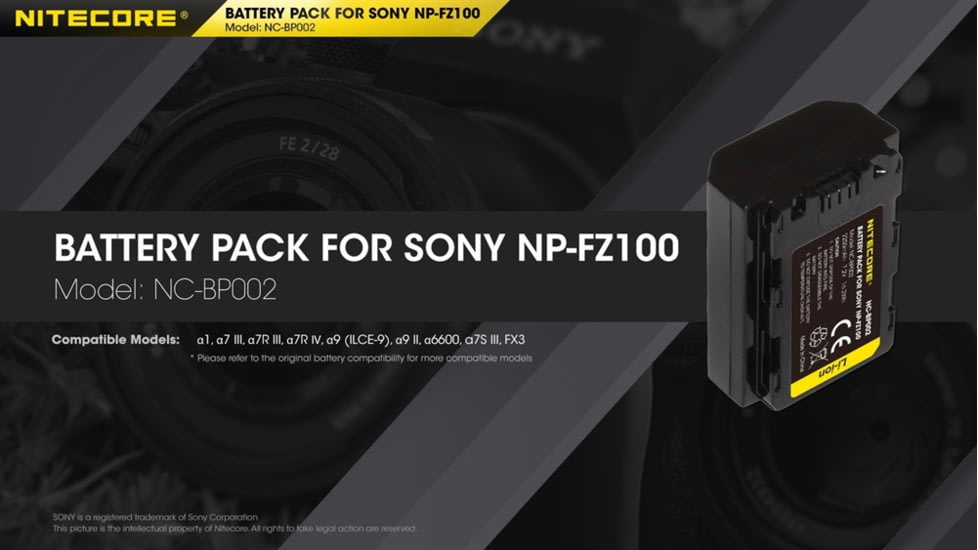 Nitecore NC-BP002 Camera Battery Compatible with Sony NP-FZ100, Black, 6952506494590