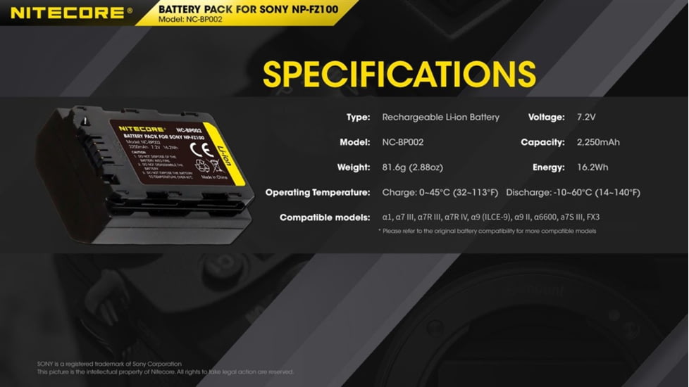 Nitecore NC-BP002 Camera Battery, Sony NP-FZ100, Black, 6952506494590