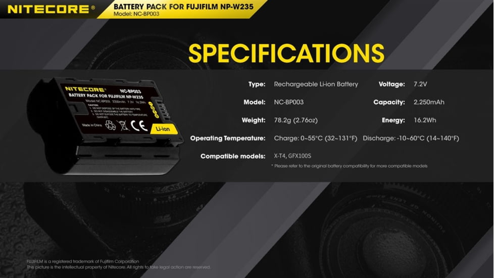 Nitecore NC-BP003 Camera Battery, Fujifilm NP-W235, Black, 6952506494569