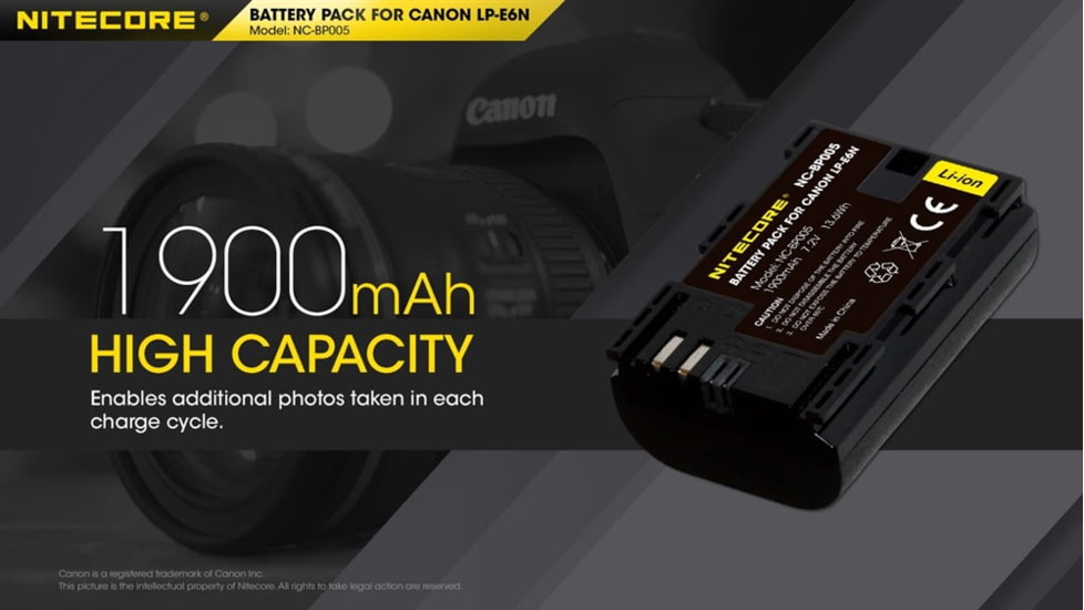 Nitecore NC-BP005 Camera Battery Compatible with Canon LP-E6N, Black, 6952506494545