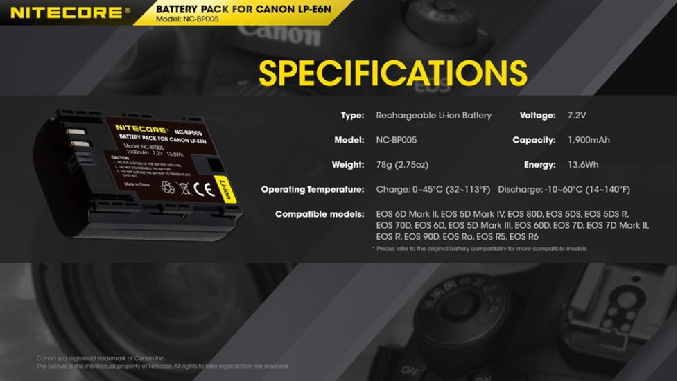 Nitecore NC-BP005 Camera Battery Compatible with Canon LP-E6N, Black, 6952506494545