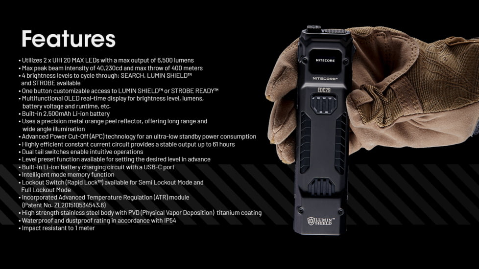 Nitecore EDC29 6500 Lumen 2500 Li-Ion USB-C Rechargeable LED Flat EDC Flashlight