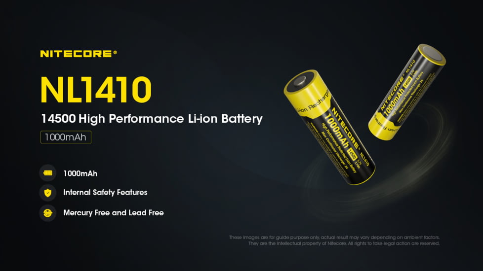 Nitecore NL1410 1000mAh Rechargeable 14500 Battery, Black/Yellow, 6952506496334