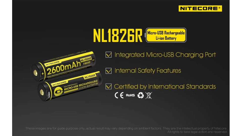 Nitecore NL1826R 2600mAh USB Rechargeable 18650 Li-ion Battery, Yellow, 6952506492299
