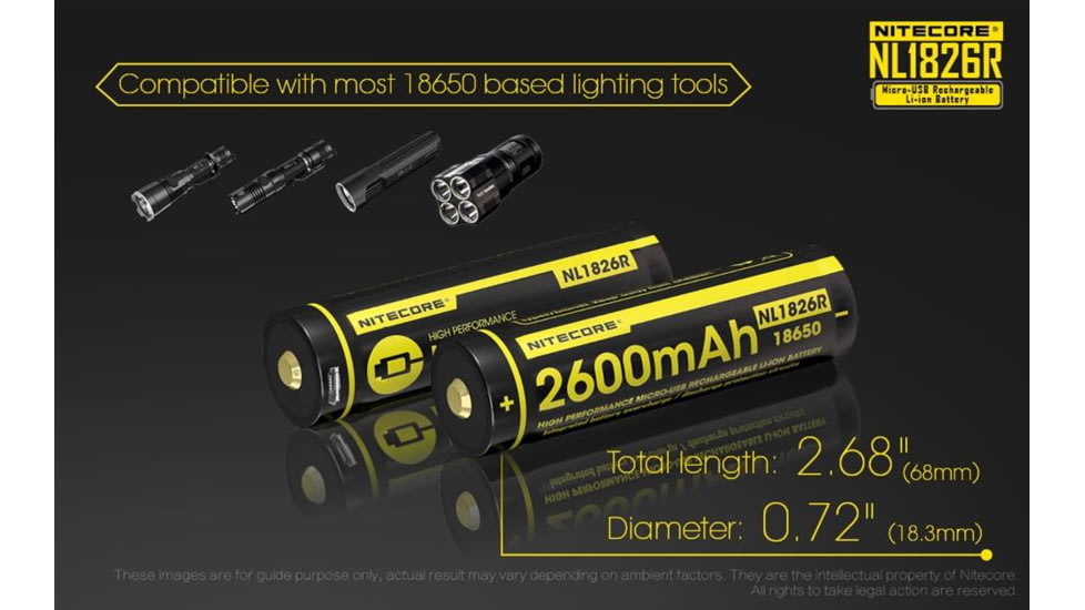 Nitecore NL1826R 2600mAh USB Rechargeable 18650 Li-ion Battery, Yellow, 6952506492299