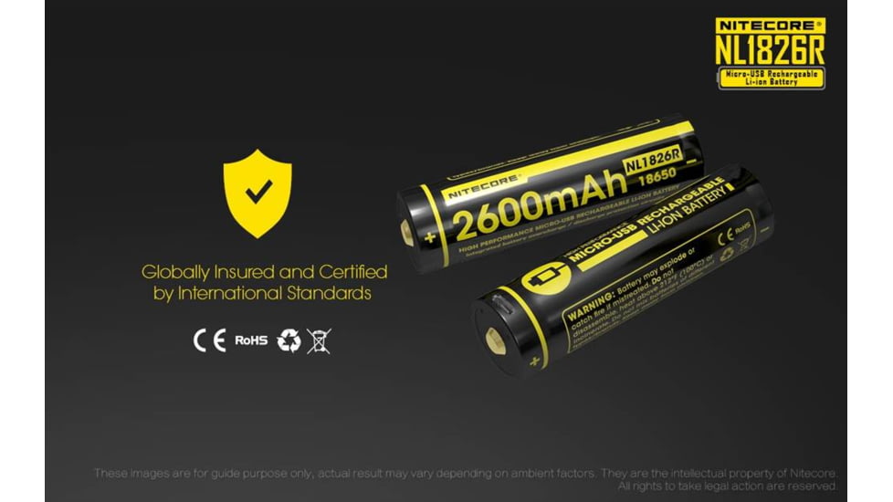 Nitecore NL1826R 2600mAh USB Rechargeable 18650 Li-ion Battery, Yellow, 6952506492299