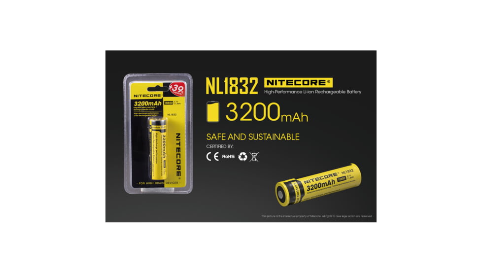 Nitecore NL1832 3200mAh Rechargeable 18650 Battery, Yellow, 6952506491490