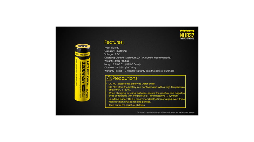 Nitecore NL1832 3200mAh Rechargeable 18650 Battery, Yellow, 6952506491490
