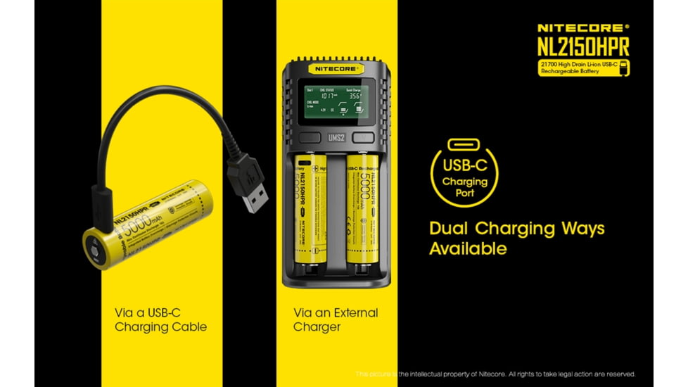 Nitecore NL2150HPR 5000mAh USB-C Rechargeable 15A 21700 Battery, Yellow, 6952506493739
