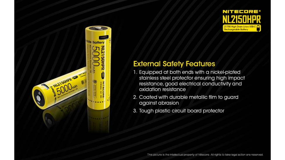 Nitecore NL2150HPR 5000mAh USB-C Rechargeable 15A 21700 Battery, Yellow, 6952506493739