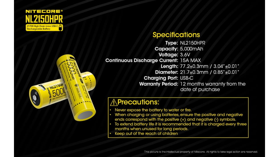 Nitecore NL2150HPR 5000mAh USB-C Rechargeable 15A 21700 Battery, Yellow, 6952506493739
