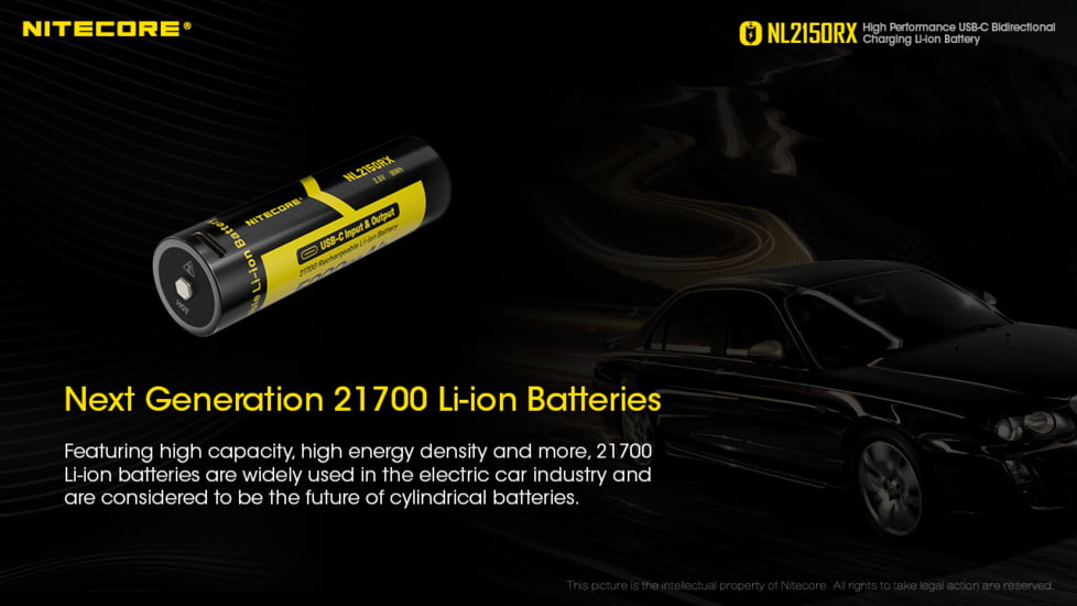 Nitecore NL2150RX 5000mAh USB-C Rechargeable 21700 Battery, Black/Yellow, 6952506495535