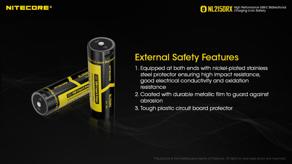 Nitecore NL2150RX 5000mAh USB-C Rechargeable 21700 Battery, Black/Yellow, 6952506495535