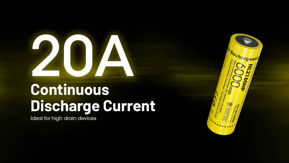 Nitecore NL2160HP 6000mAh Rechargeable 21700 Battery, Black/Yellow, 6952506496426