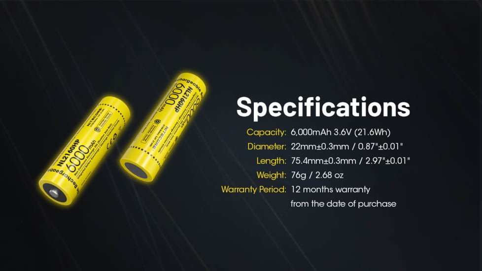 Nitecore NL2160HP 6000mAh Rechargeable 21700 Battery, Black/Yellow, 6952506496426