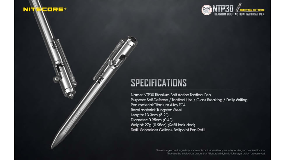 Nitecore NTP30 Titanium Bidirectional Bolt Action Tactical Pen, Silver, 6952506492879