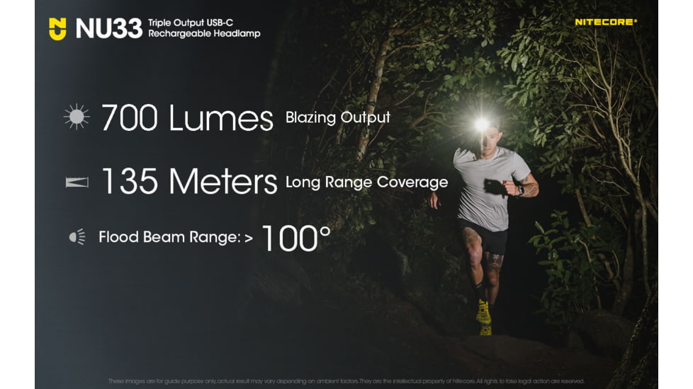 Nitecore NU33 Triple Output Rechargeable LED Headlamp, 700 Lumens, USB-C, Black, FL-NITE-NU33-BK