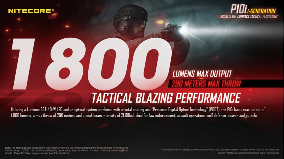 Nitecore P10i 1800 Lumen USB-C Rechargeable Flashlight, Black, 6952506406500