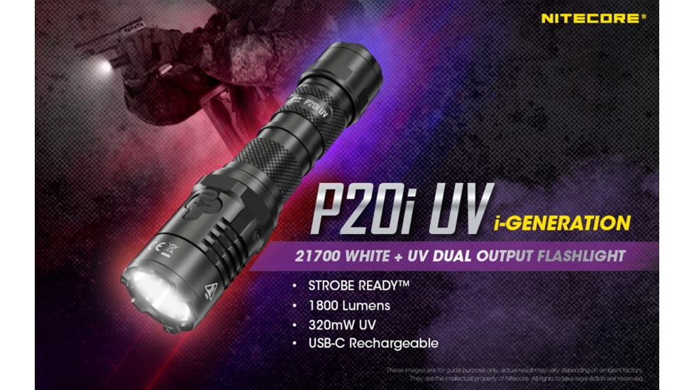 Nitecore P20i UV 1800 Lumen Rechargeable Flashlight with UV Light, Black, 6952506406616