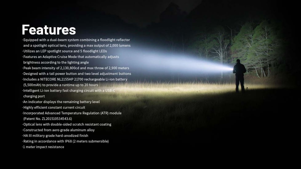 Nitecore P40 3171 Yards Ultra Long Throwing USB-C Rechargeable 2000 Lumens LED Flashlight