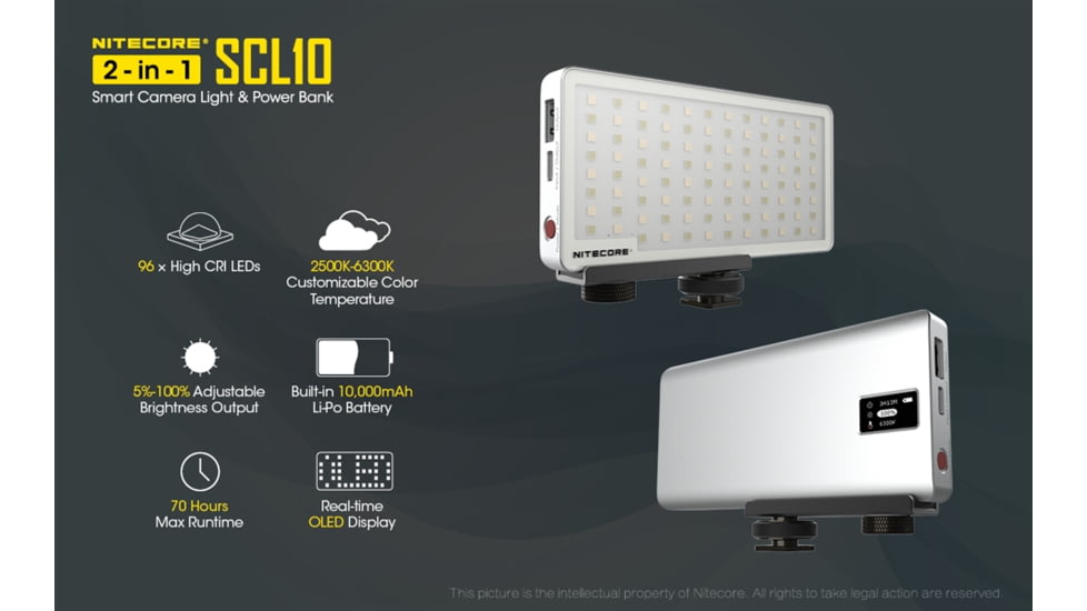 Nitecore SCL10 2-in-1 Smart Camera Light and Power Bank, Silver, 6952506494026