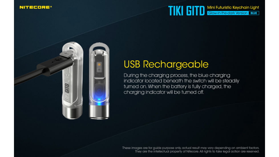 Nitecore TIKI GITD 300 Lumen Rechargeable Keychain Flashlight, Blue, 6952506406593