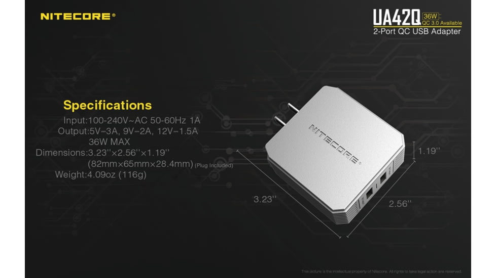 Nitecore UA42Q 2-Port Quick Charge USB 2.0 &amp; 3.0 Adapter, Silver, 6952506493067